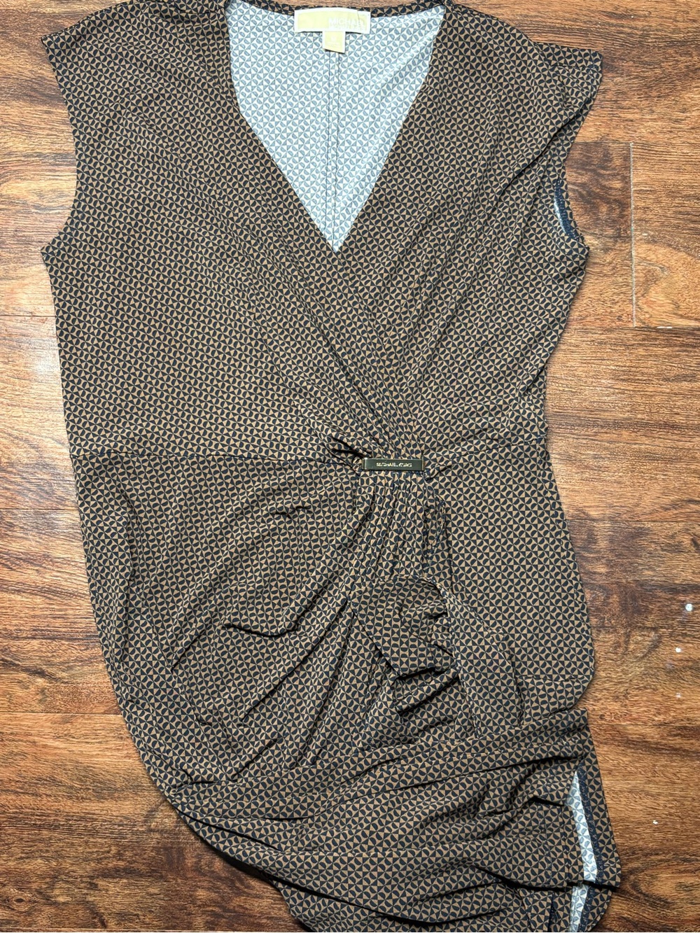Michael Kors Brown Geometric Faux-Wrap Midi Dress